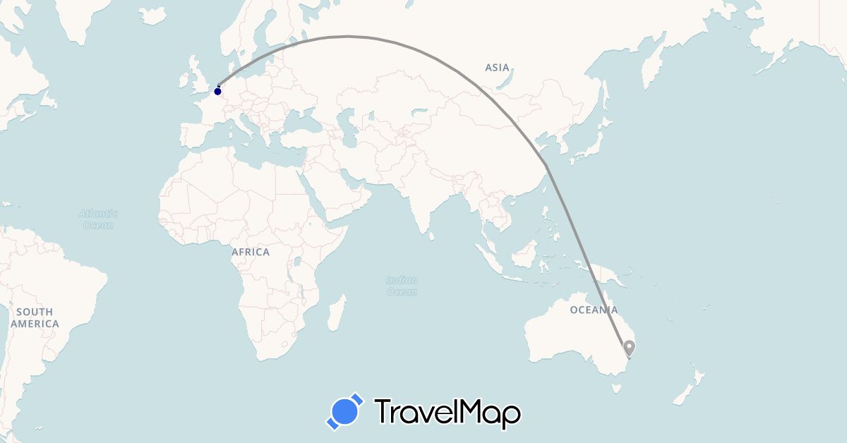 TravelMap itinerary: driving, plane in Australia, Belgium, China, Netherlands (Asia, Europe, Oceania)